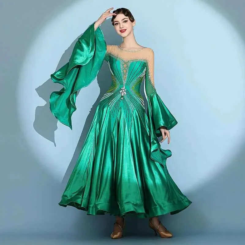 Custom Size Competition Ballroom Dance Dresses for Women Green Wine Gemstones Waltz Performance Long Gown