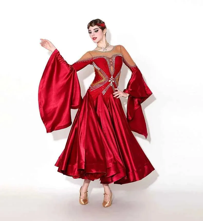 Custom Size Competition Ballroom Dance Dresses for Women Green Wine Gemstones Waltz Performance Long Gown