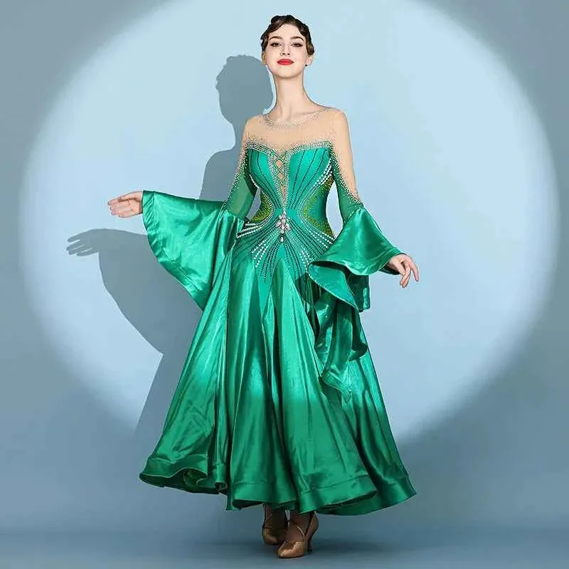 Custom Size Competition Ballroom Dance Dresses for Women Green Wine Gemstones Waltz Performance Long Gown