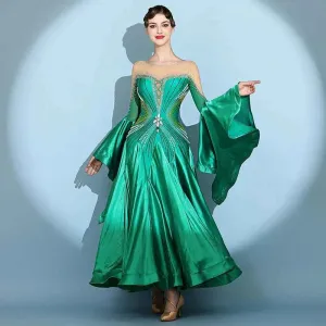 Custom Size Competition Ballroom Dance Dresses for Women Green Wine Gemstones Waltz Performance Long Gown