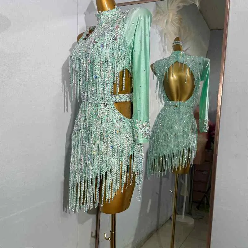 Custom Size Mint Competition Latin Dance Dresses for Women Girls Salsa Latin Dance Bling Clothes