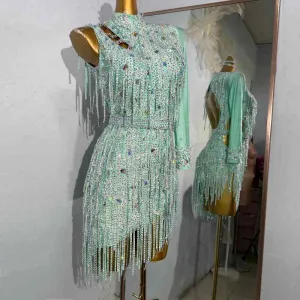 Custom Size Mint Competition Latin Dance Dresses for Women Girls Salsa Latin Dance Bling Clothes