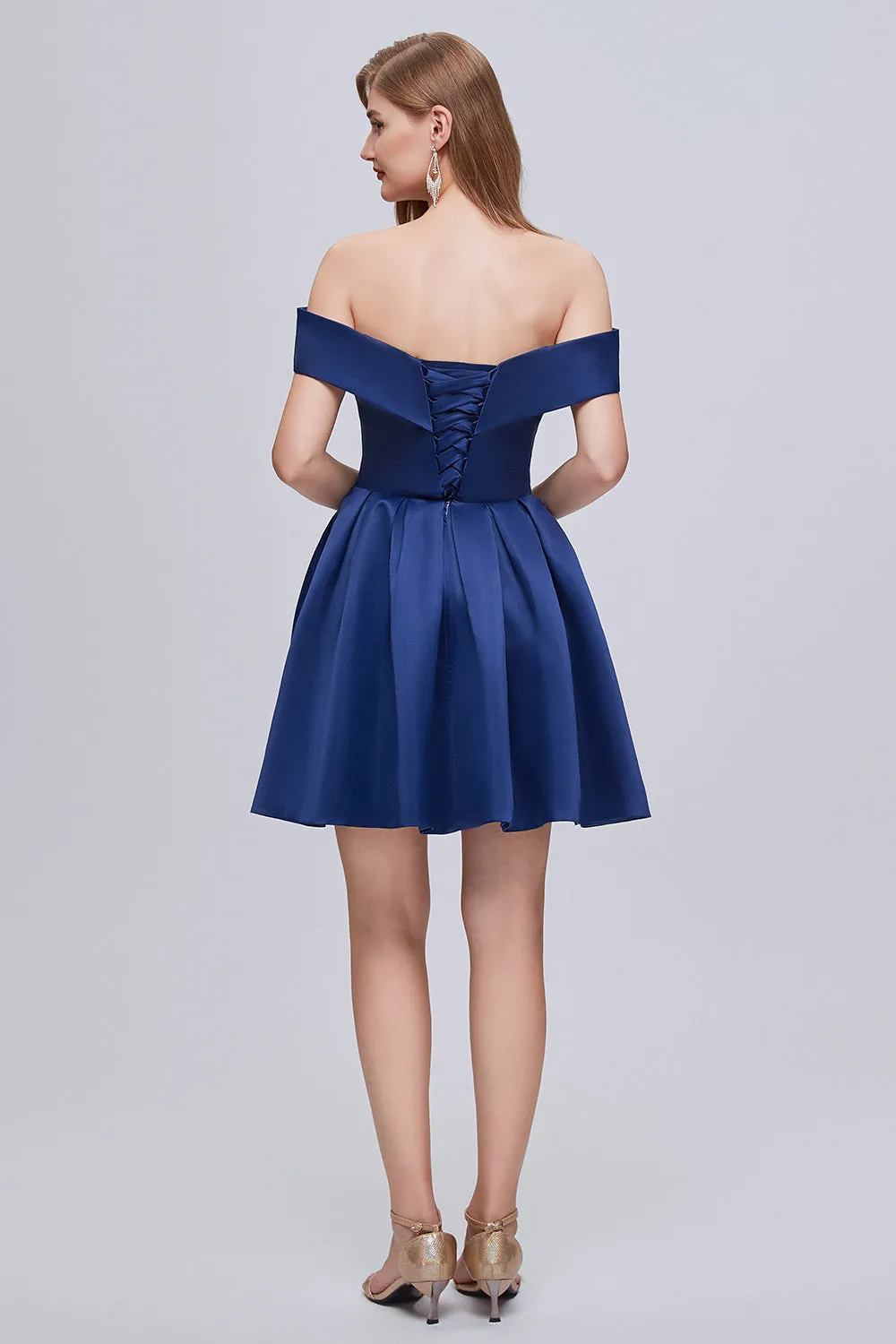 Cute Off The Shoulder Lace Up Satin Homecoming Dresses