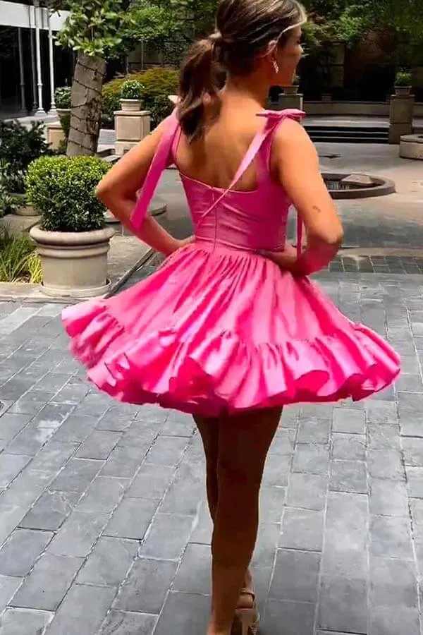 Cute Pink Satin A-line Sweetheart Bow Tie Straps Homecoming Dresses, MH616