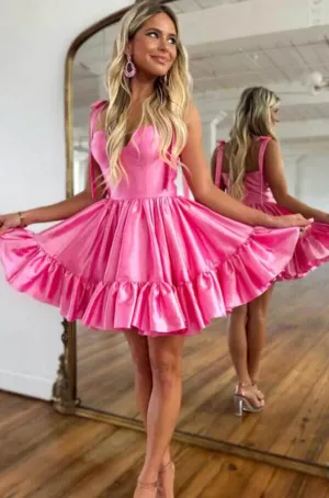 Cute Pink Satin A-line Sweetheart Bow Tie Straps Homecoming Dresses, MH616