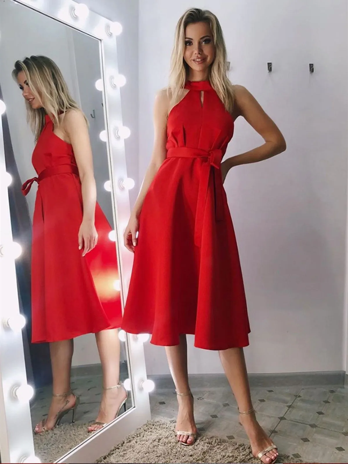 Cute Red Satin Round Neck Short Prom Dress, Cute Satin Round Neck Short Graduation Homecoming Dress