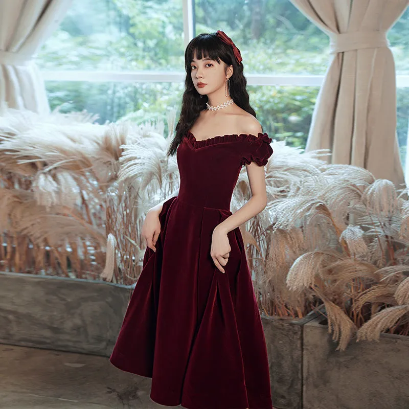 Cute Short Burgundy Sweetheart Off Shoulder Tea Length Party Dress, Velvet Prom Dress