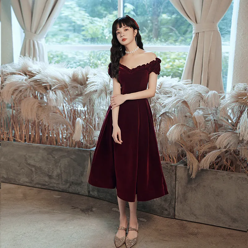 Cute Short Burgundy Sweetheart Off Shoulder Tea Length Party Dress, Velvet Prom Dress
