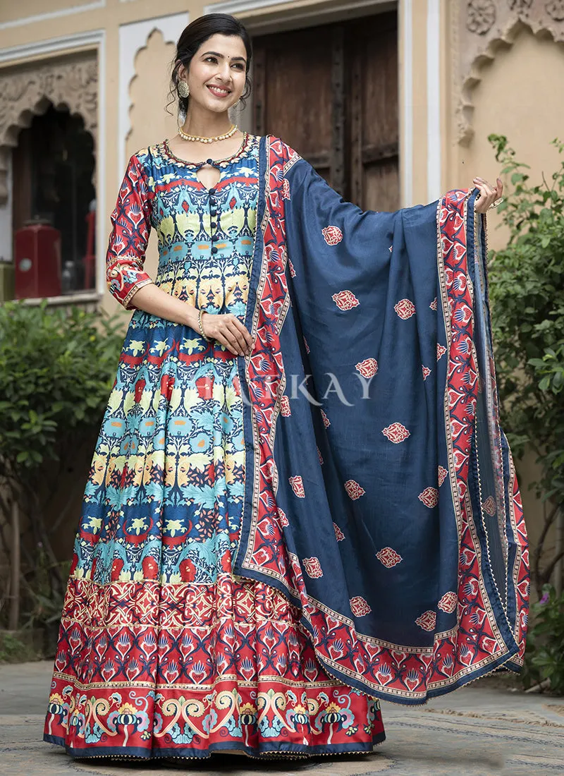 Dark Blue Multi-colored Digital Printed Anarkali Gown
