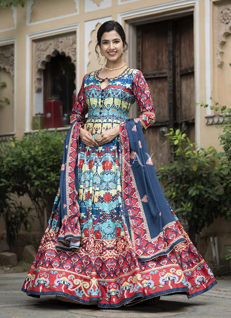 Dark Blue Multi-colored Digital Printed Anarkali Gown