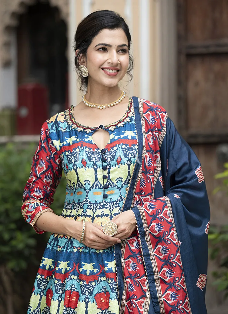 Dark Blue Multi-colored Digital Printed Anarkali Gown