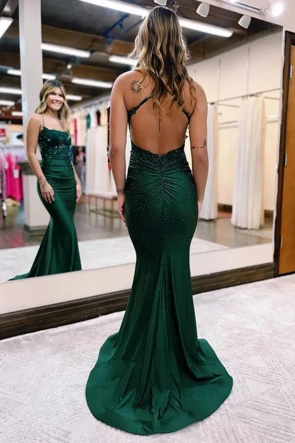 Dark Green Elastic Satin Beaded Mermaid Spaghetti Straps Prom Dresses, MP847