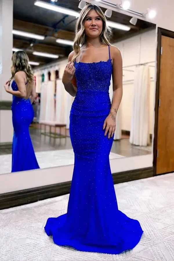 Dark Green Elastic Satin Beaded Mermaid Spaghetti Straps Prom Dresses, MP847