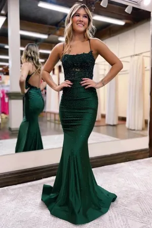 Dark Green Elastic Satin Beaded Mermaid Spaghetti Straps Prom Dresses, MP847