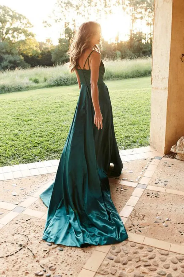 Dark Green Satin A-line Spaghetti Straps Long Prom Dresses With Split, MP629