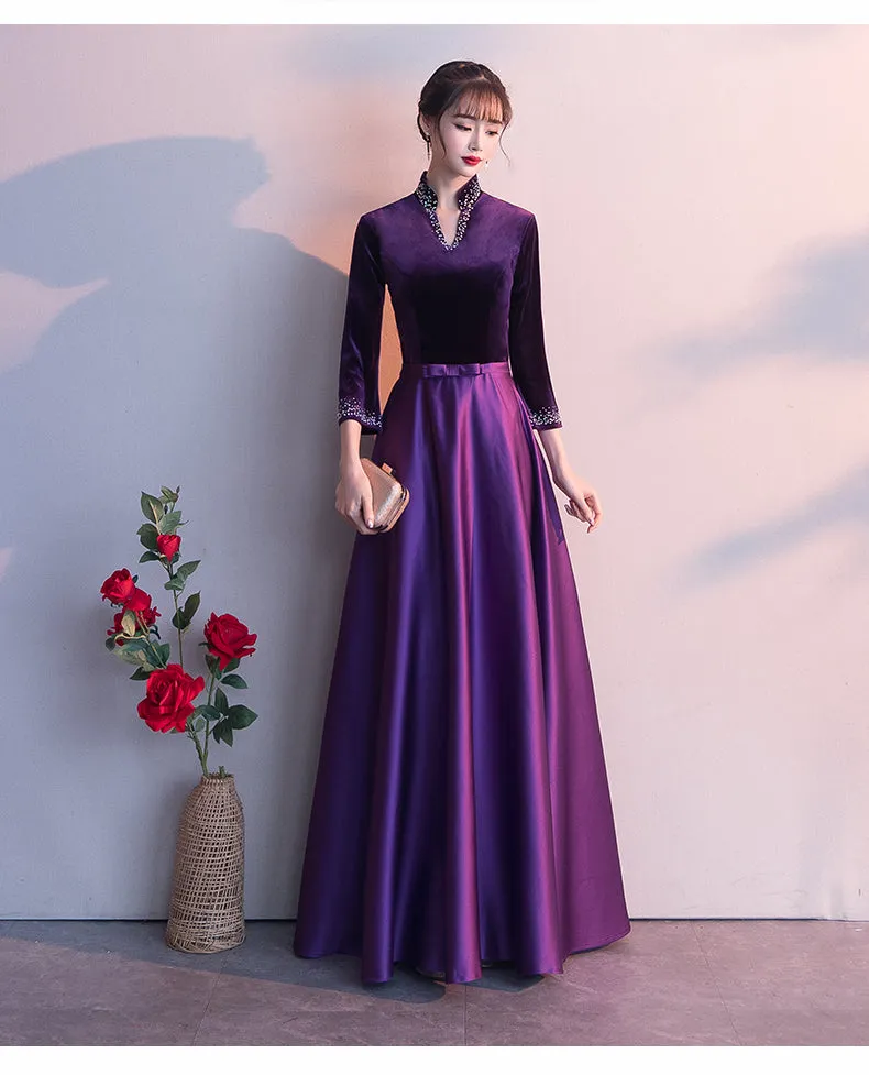 Dark Purple Satin Long Sleeves Beaded Velvet Bridesmaid Dress, Purple Formal Dress