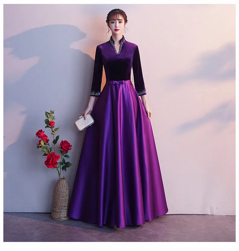 Dark Purple Satin Long Sleeves Beaded Velvet Bridesmaid Dress, Purple Formal Dress