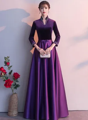 Dark Purple Satin Long Sleeves Beaded Velvet Bridesmaid Dress, Purple Formal Dress