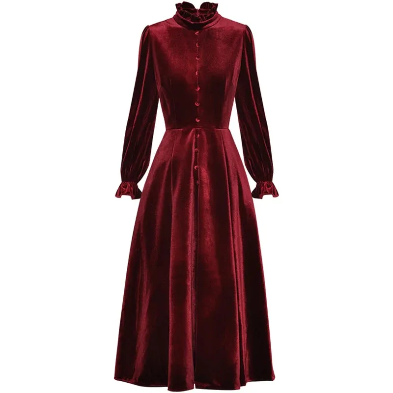 Davinah Velvet Single Breasted High Waist Slim Long Dress