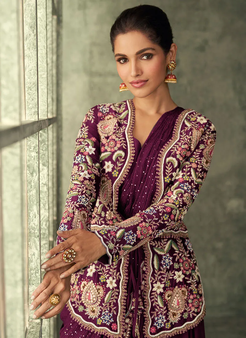 Deep Wine Multi Embroidery Saree Gown With Jacket