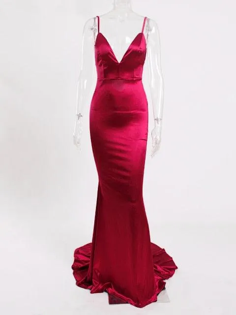 Deeptown Satin Party Dress, Elegant Claret Off Shoulder Bodycon Backless Sexy Maxi Dress