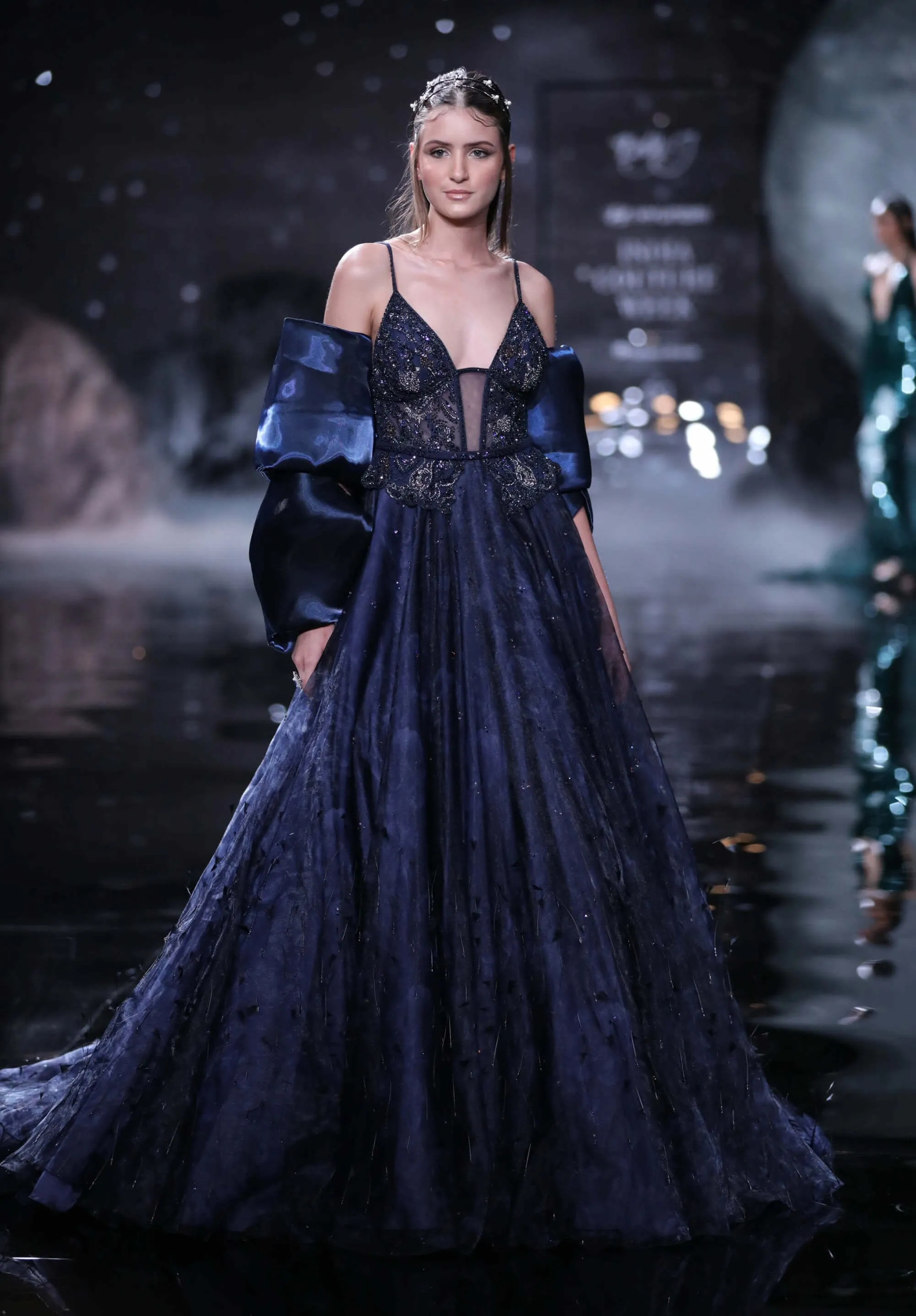 Delia navy black printed gown