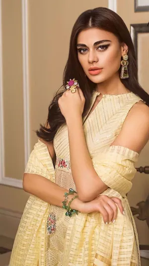 Designer Indian party wear dress in light yellow color # P2214