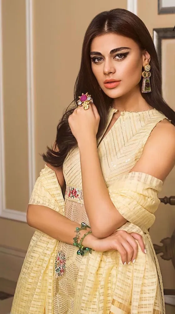 Designer Indian party wear dress in light yellow color # P2214