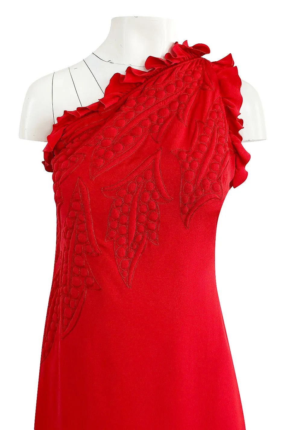 Documented 1981 James Galanos One Shoulder Red Silk Dress w Trapunto Quilting Detail