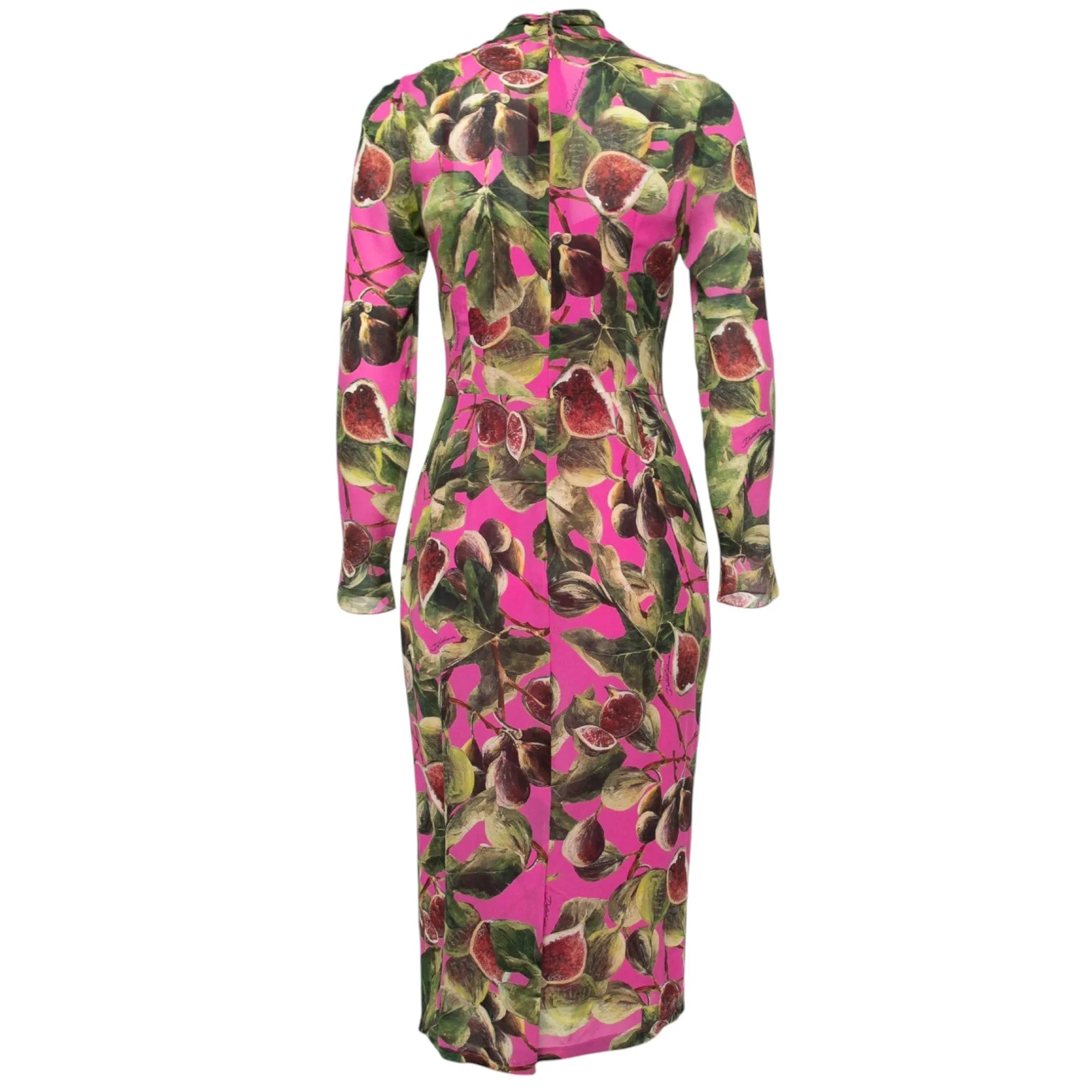 Dolce & Gabbana Pink Fig Print Silk Tie-Neck Midi Dress