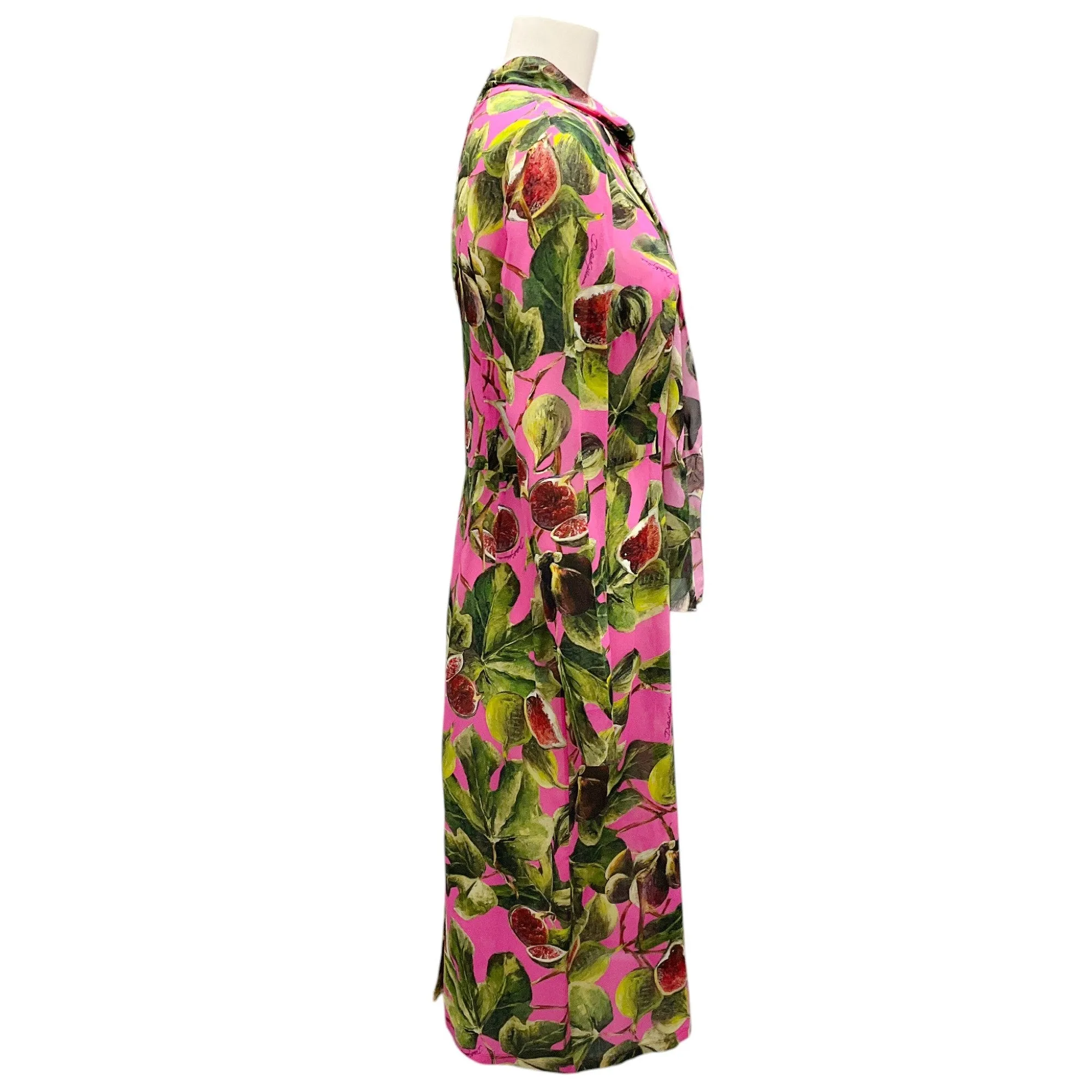 Dolce & Gabbana Pink Fig Print Silk Tie-Neck Midi Dress