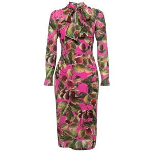 Dolce & Gabbana Pink Fig Print Silk Tie-Neck Midi Dress