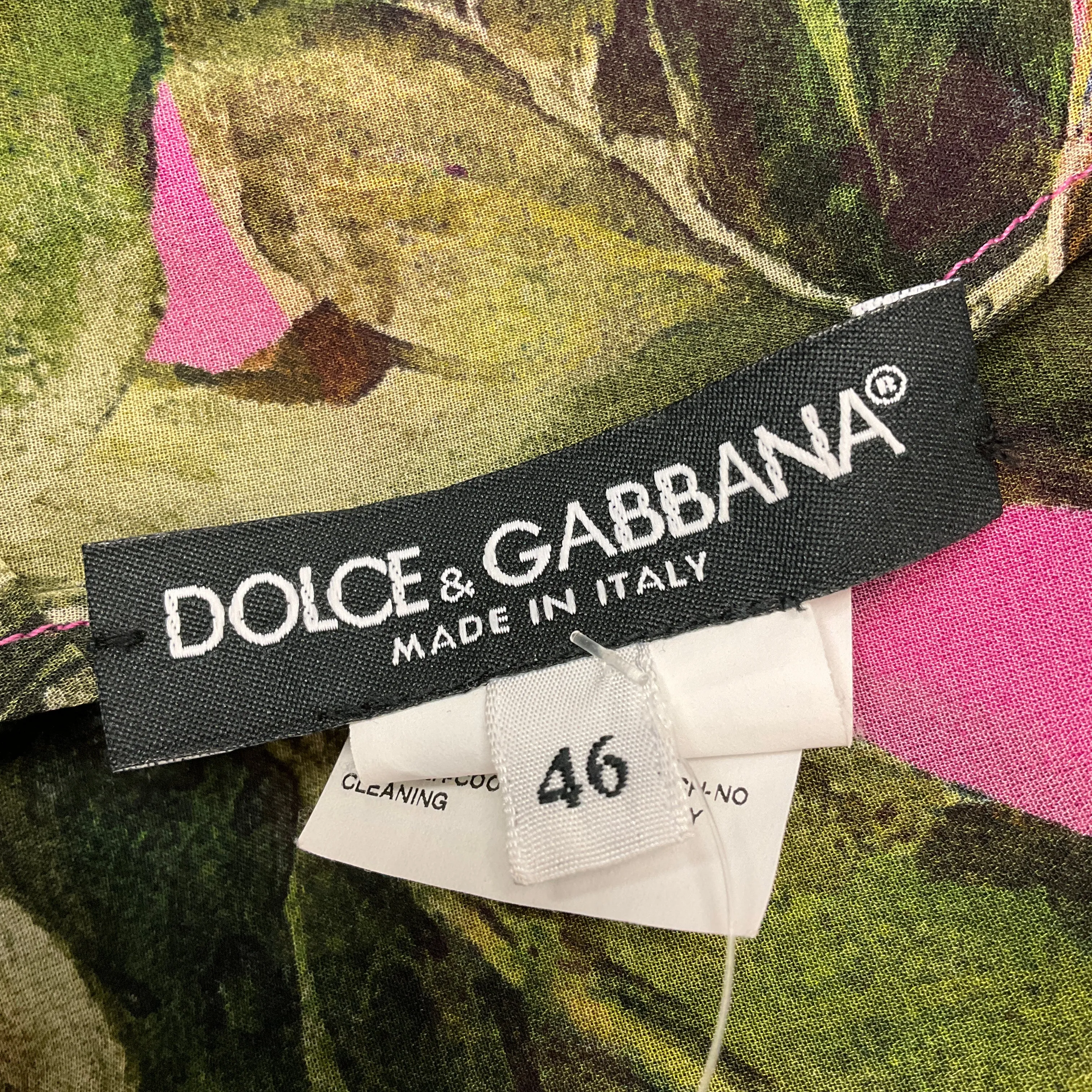 Dolce & Gabbana Pink Fig Print Silk Tie-Neck Midi Dress
