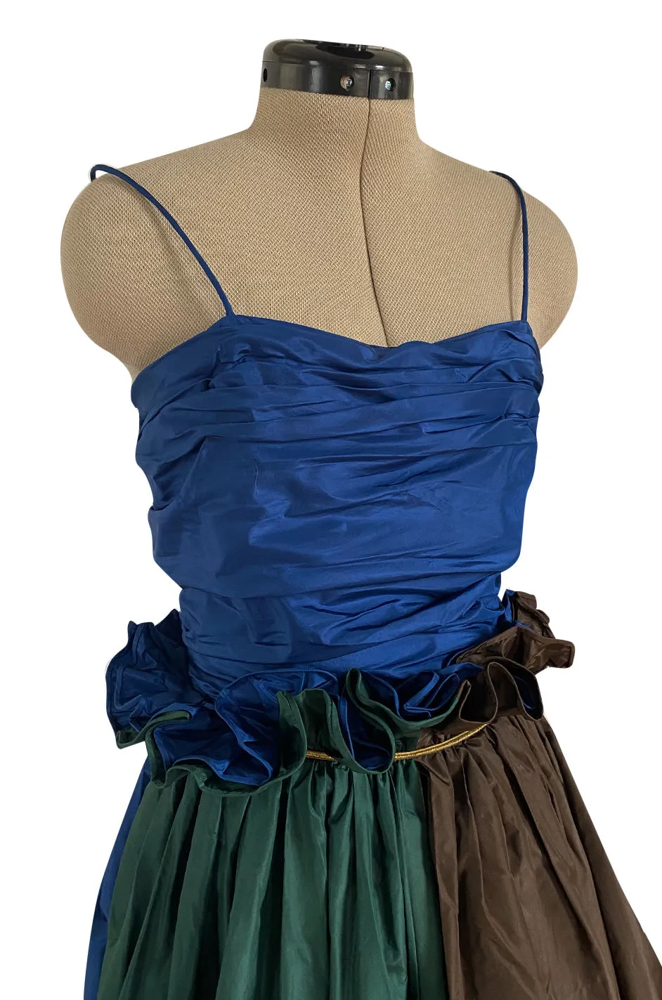 Dreamy 1970s James Galanos Blue Brown & Green Silk Dress w Ruffled Waist & Metallic Gold Trim