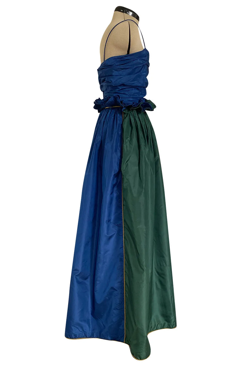 Dreamy 1970s James Galanos Blue Brown & Green Silk Dress w Ruffled Waist & Metallic Gold Trim