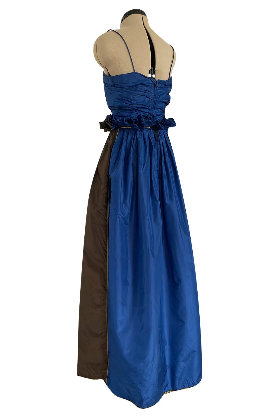 Dreamy 1970s James Galanos Blue Brown & Green Silk Dress w Ruffled Waist & Metallic Gold Trim