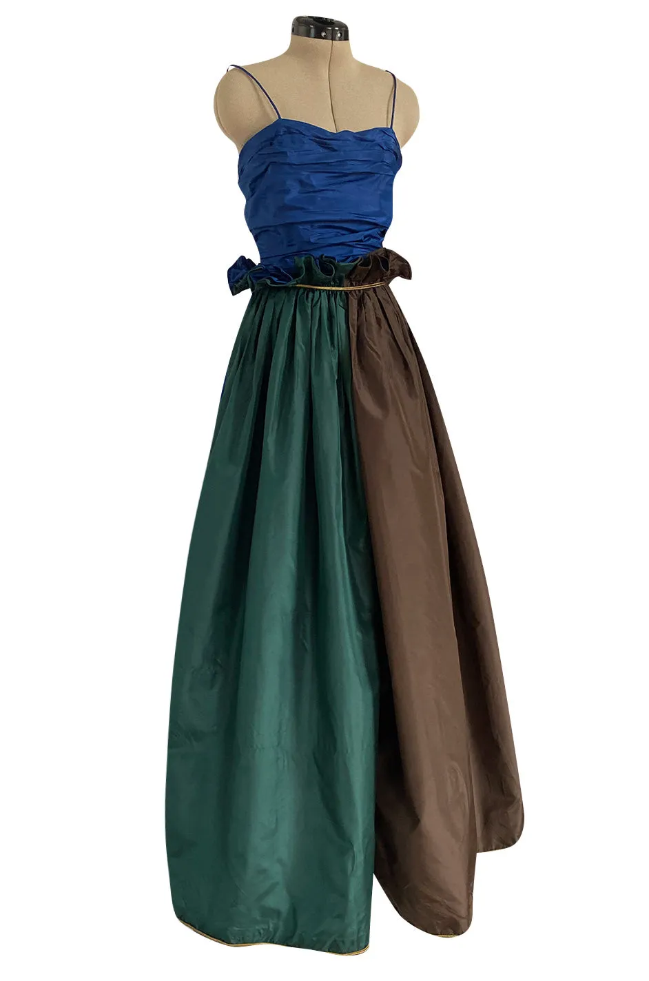 Dreamy 1970s James Galanos Blue Brown & Green Silk Dress w Ruffled Waist & Metallic Gold Trim