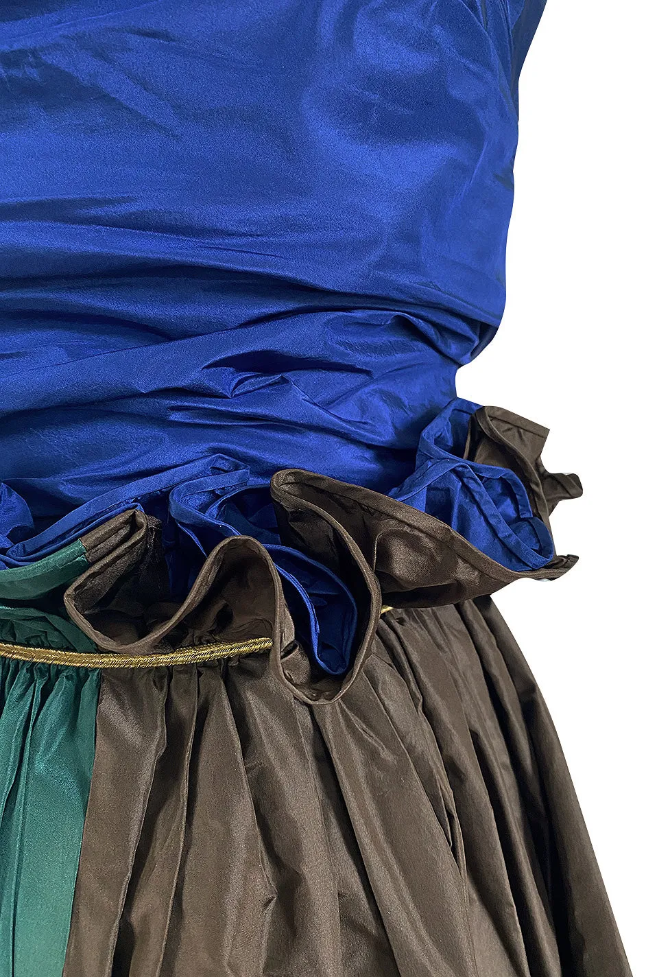 Dreamy 1970s James Galanos Blue Brown & Green Silk Dress w Ruffled Waist & Metallic Gold Trim