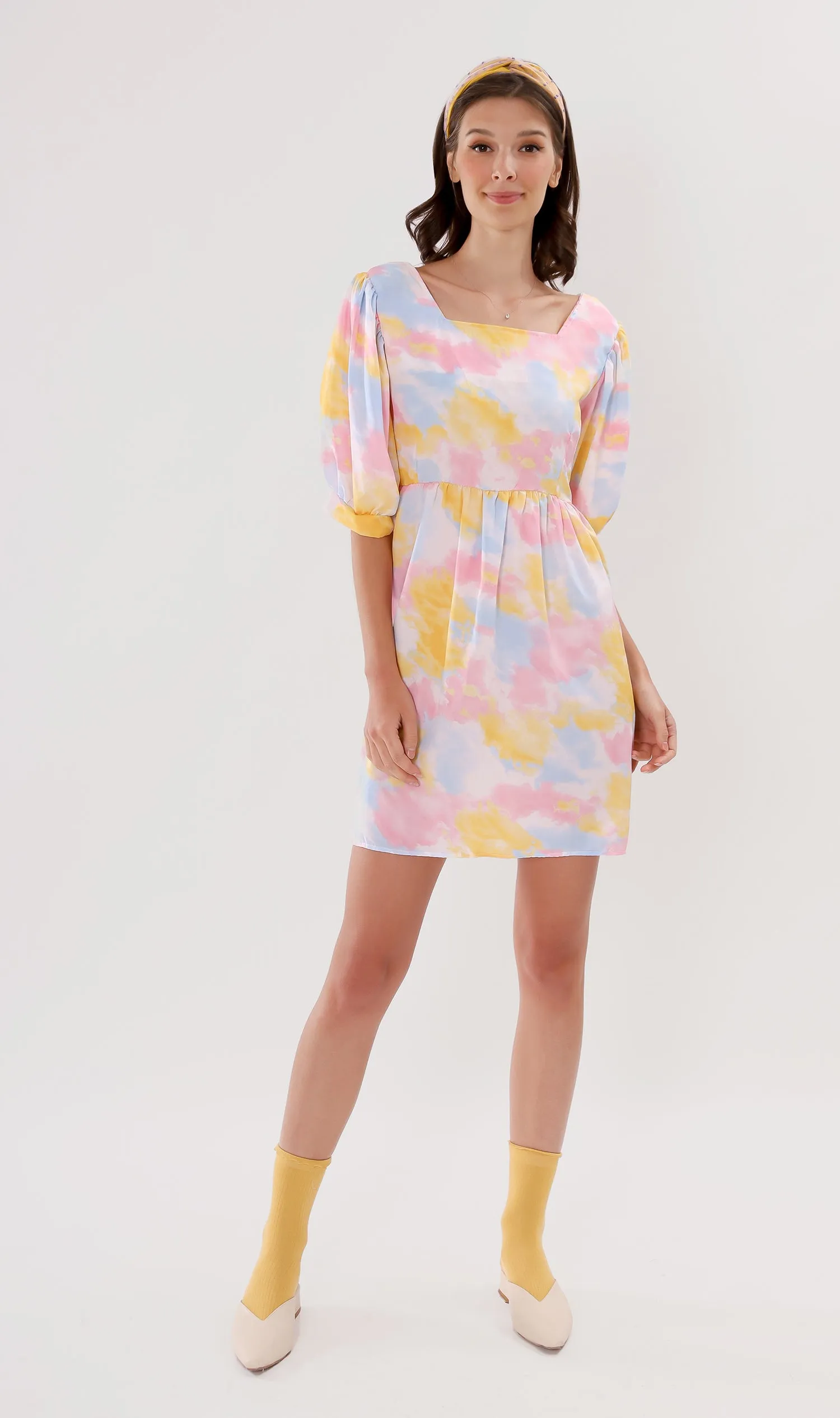 EFFIE Pastel Puff-Sleeve Dress (Yellow)