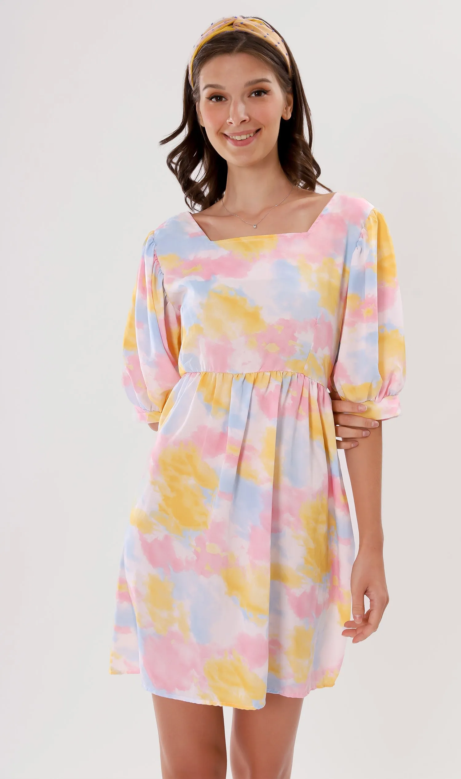 EFFIE Pastel Puff-Sleeve Dress (Yellow)