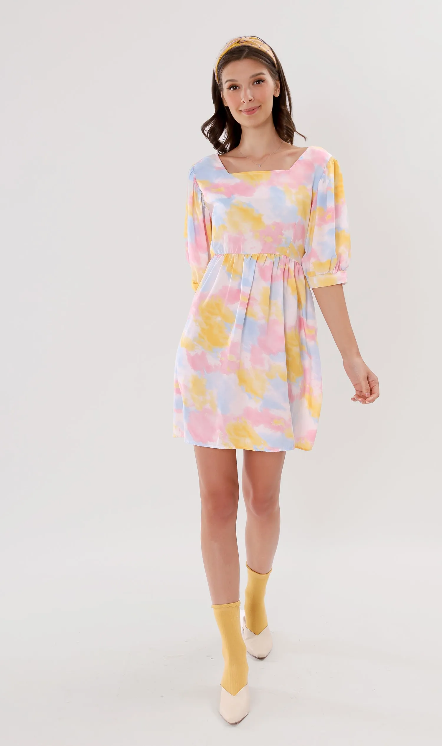 EFFIE Pastel Puff-Sleeve Dress (Yellow)
