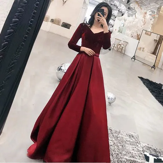 Elegant Full Sleeve Prom Dresses V-Neck 2019 Burgundy Velvet Satin Long Prom Formal Dress