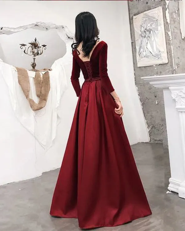 Elegant Full Sleeve Prom Dresses V-Neck 2019 Burgundy Velvet Satin Long Prom Formal Dress