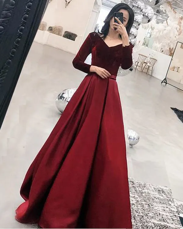 Elegant Full Sleeve Prom Dresses V-Neck 2019 Burgundy Velvet Satin Long Prom Formal Dress