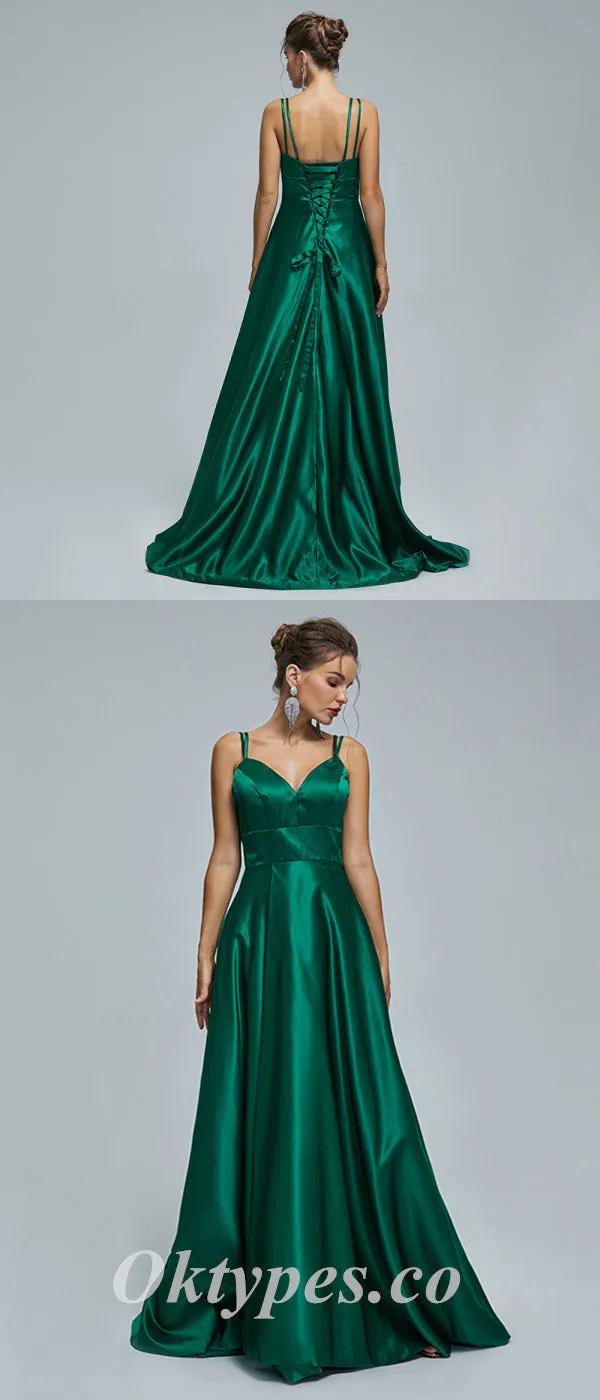 Elegant Satin Spaghetti Straps V-NeckLace Up Back A-Line Long Prom Dresses,PDS0463