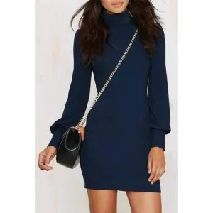 Elegant Solid Color Turtleneck Long Sleeve Bodycon Knitted Dress For Women - Blue M