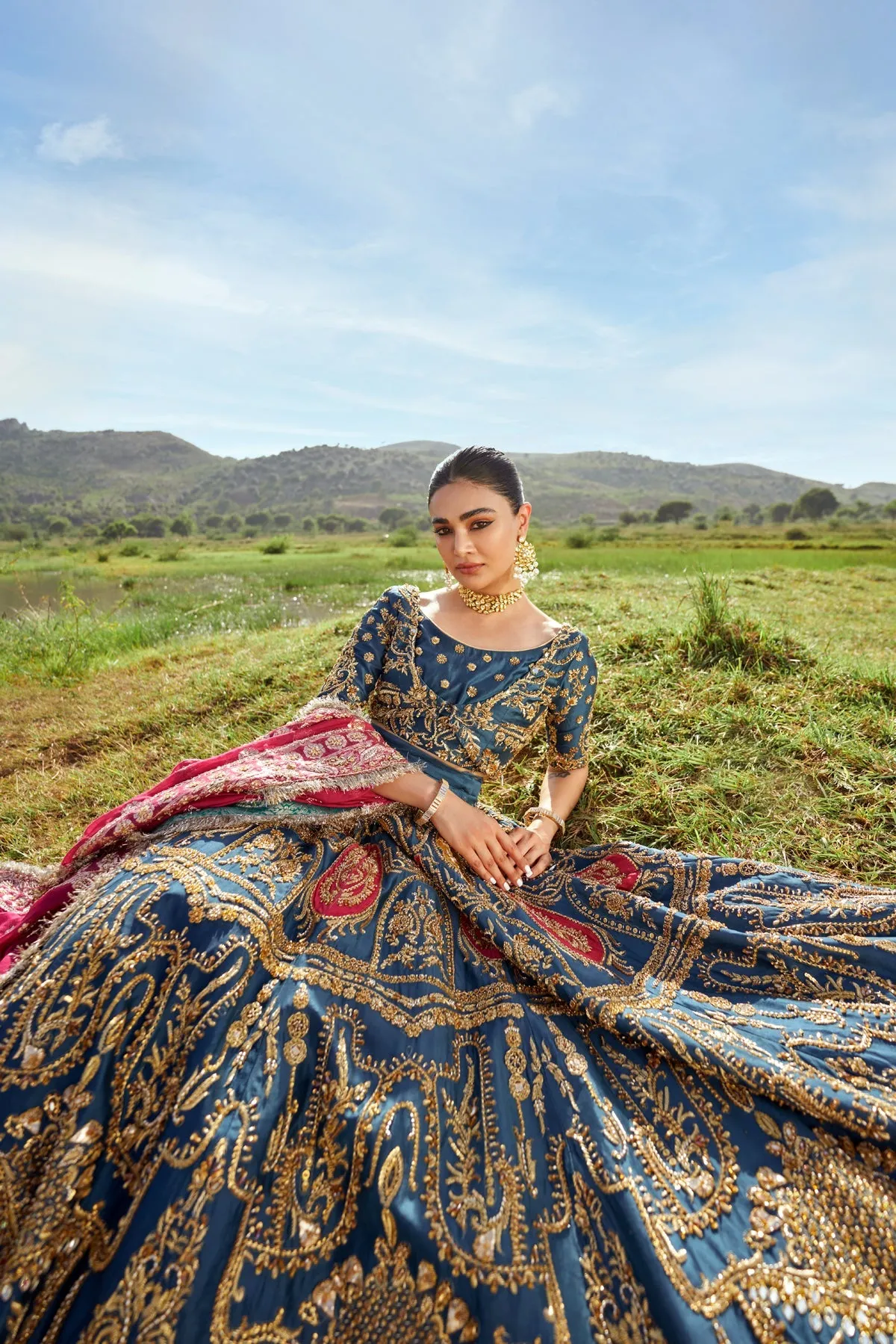 Embellished Blue Choli Lehenga Pakistani Mehndi Dresses