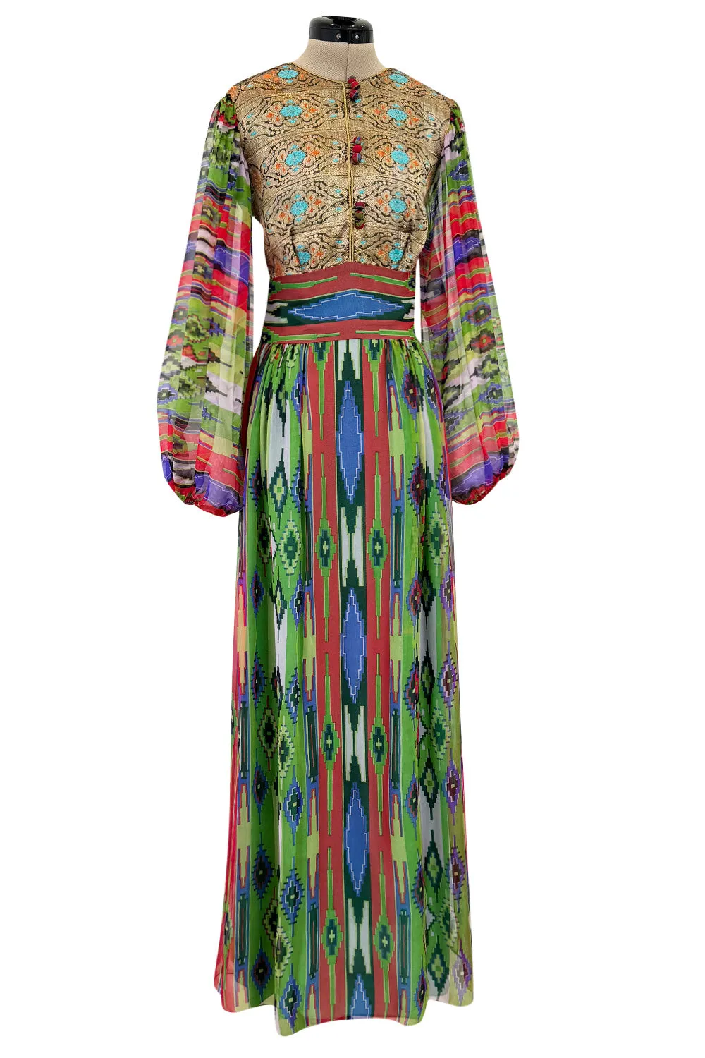 Exceptional Early 1970s Thea Porter Book Documented Faye Dress in Ikat SIlk Chiffon & Brocade