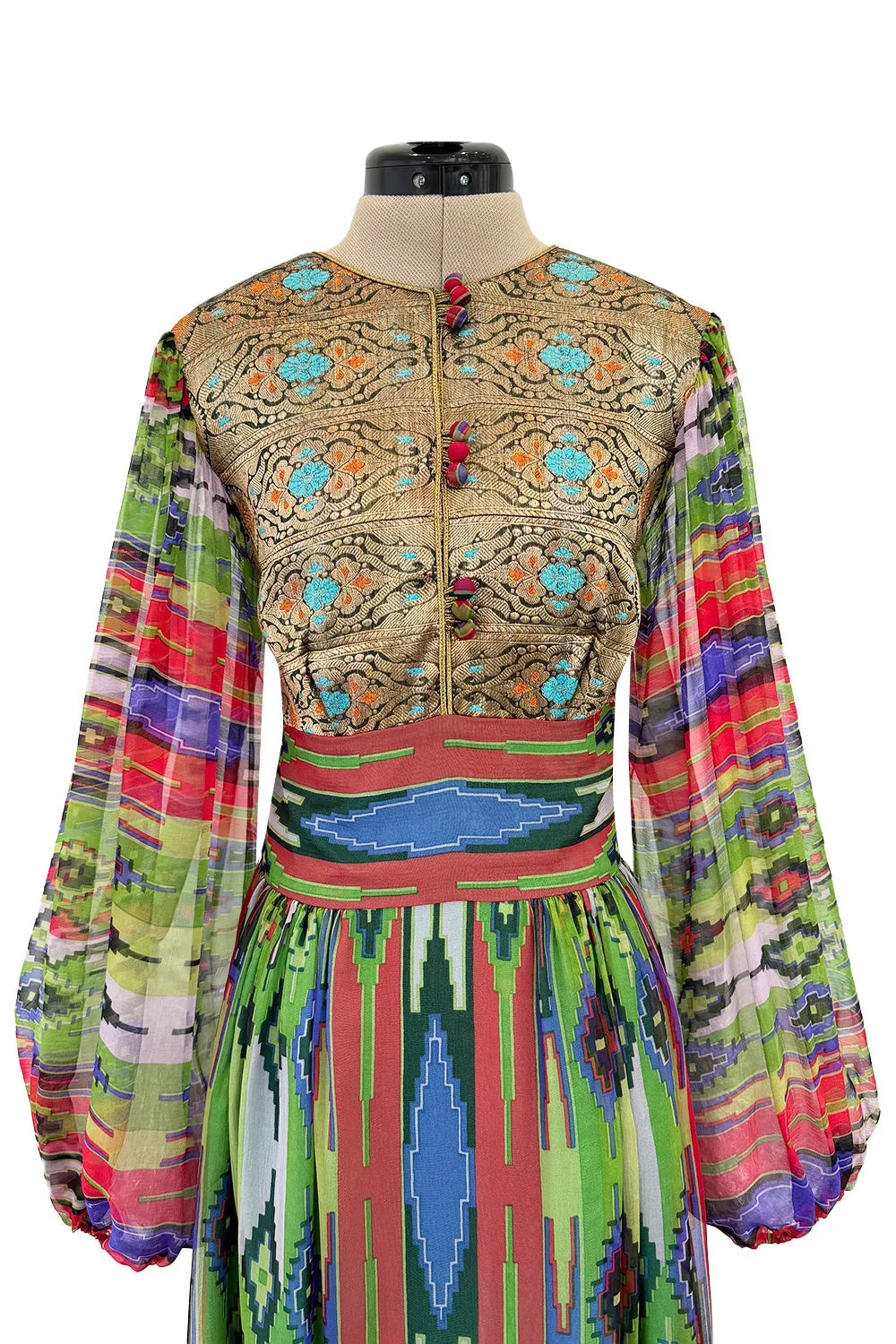 Exceptional Early 1970s Thea Porter Book Documented Faye Dress in Ikat SIlk Chiffon & Brocade