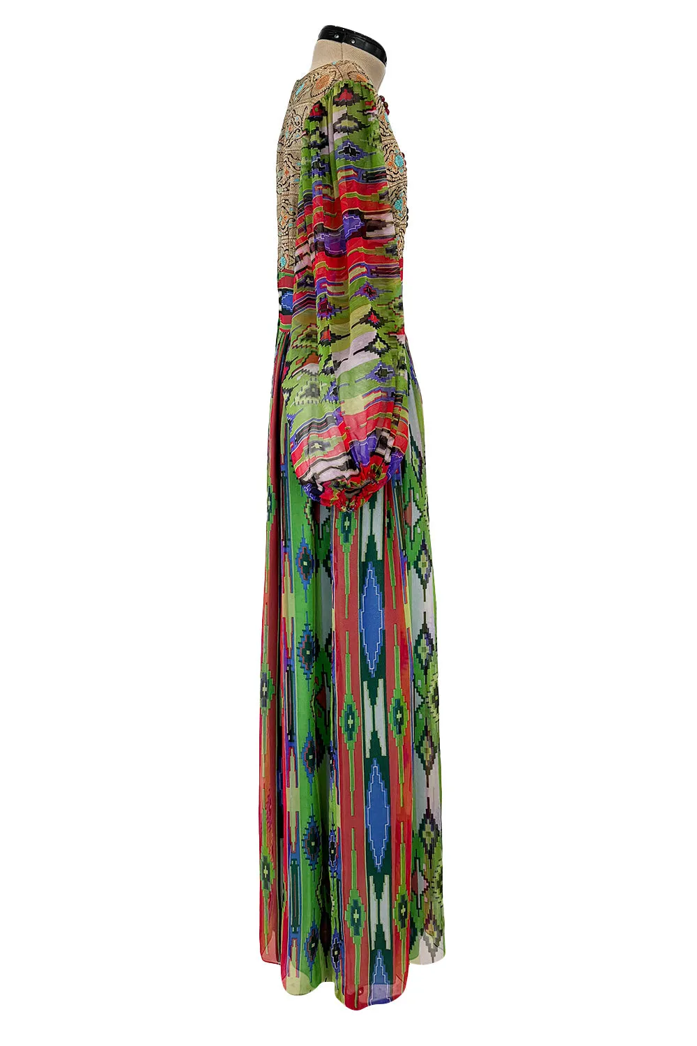 Exceptional Early 1970s Thea Porter Book Documented Faye Dress in Ikat SIlk Chiffon & Brocade
